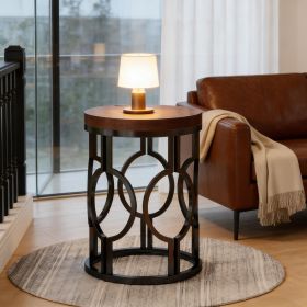 Round End Table, Industrial Side Table with Metal Hollow Frame