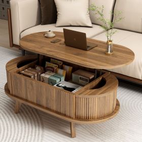 Fluted Lift Top Coffee Table with Hidden Compartment, Wooden Center Table, Modern Oval Lift Tabletop for Home Living Room Office, Walnut Brown Co
