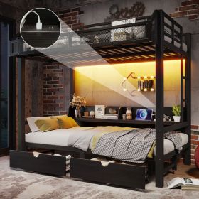 Twin over Twin Bunk Bed with Storage Shelves and Drawers,Multifunctional Metal Bunk Beds with USB Ports and LED Lights