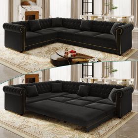 115.3" L-Shaped Sofa Couch with Pull-Out Bed, Oversize Convertible Sleeper, Velvet Button Tufted Couch, Gold Trim Rolled Arms