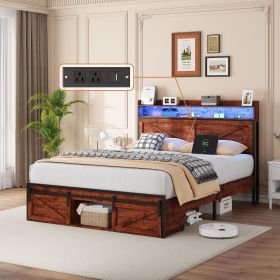 Queen-size Bed Frame with Storage Headboard, Footboard Storage Compartments and LED Lighting