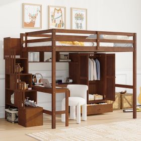 Full Size Loft Wood Bed with Desk, Book shelves and Wardrobe with Doors and Drawer, Built-in Staircase with Storage Shelves