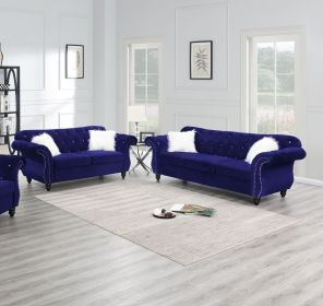 2pc Sofa Set Living Room Furniture Indigo Velvet Upholstered Sofa Loveseat Crystal Tufted Seat Couch