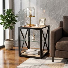 1 piece Modern End Table Nightstand for Bedroom & Living Room, Tempered Glass&Natural Wood MDF Top , Industrial Style Side Table