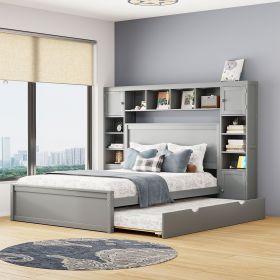 Queen Size Wooden Bed With All-in-One Cabinet, Shelf and Sockets,Twin XL Trundle, Gray