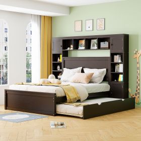 Queen Size Wooden Bed With All-in-One Cabinet, Shelf and Sockets,Twin XL Trundle,Espresso