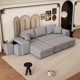 104.5" Pull Out Sleeper Sofa Reversible L-Shape 3 Seat Sectional Couch with Storage Chaise and 2 Stools for Living Room Furniture Set,Gray