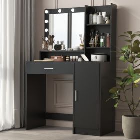 Vanity Desk with Mirror & Light, Large Drawer Three Level Storage Dresser, 3 Lighting Modes Adjustable Brightness, Bedroom Dressing Table(black)