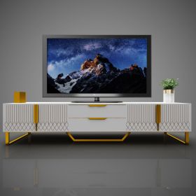 TV Console With Storage Cabinets, Carve Design TV Stand With Metal Legs, Large Storage Space Modern Entertainment Center Suit For Living Room, Be (Option: White)