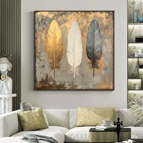 Abstract Golden Feather Oil Painting on Canvas Original White Feather painting Large Wall Art,Custom Modern painting Living Room Decor Gift (style: 01, size: 50x50cm)