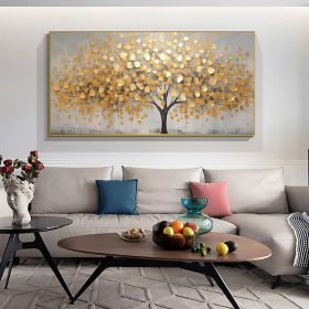 Abstract Golden Tree Oil Painting On Canvas Large Original Gold Yellow Tree of Life Texture Wall Art Custom Modern Living Room Home Decor (style: 01, size: 140x280cm)