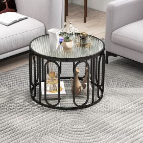 24 Inch Round Coffee Table with Reeded Tempered Glass Top and Oval Swivel Brackets (Color: Black)