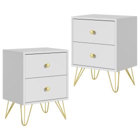 2-piece modern double-drawer bedside table with golden luxurious legs; bedroom storage bedside table; minimalist wooden side cabinet for the livi (Color: White)