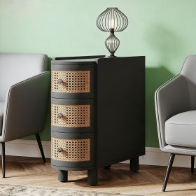 Wood End Table, 3-Drawer Side Table NightStand with 3 Rattan Drawers (Main Color: Black, Main Material: Wood)