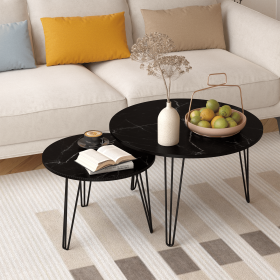 27.56" Round Nesting Coffee Table Set of 2, Circular Nesting End Table Set, Round Marble Tabletop, and Sturdy Metal Base for Living Room, bedroom (Color: Black, Material: Wood+Metal)