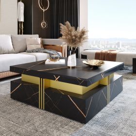 Modern Square Storage Coffee Table With 4 Drawers (Color: Black, Material: MDF)