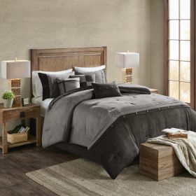 7 Piece Faux Suede Comforter Set Grey Queen (Color: as Pic)